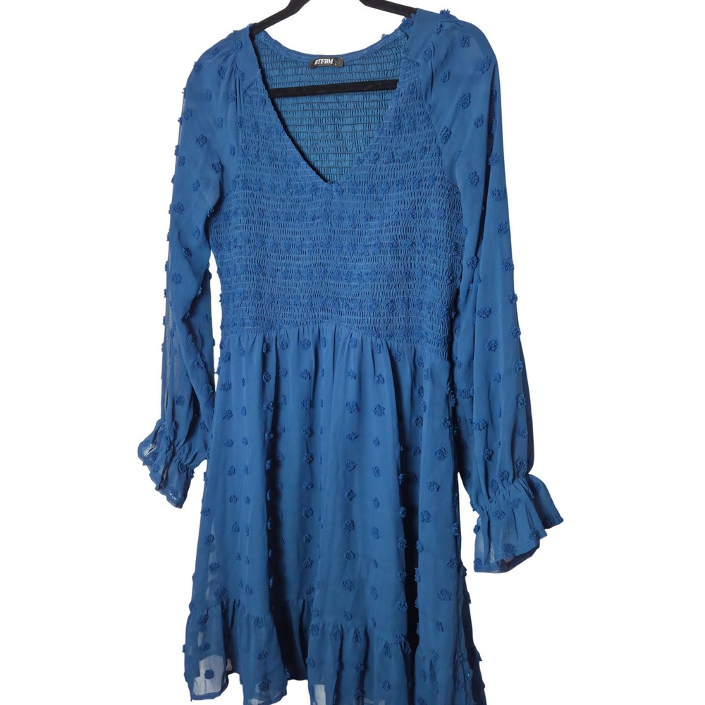 Long Sleeve sheer teal blue polka dot v-neck dress size large womens